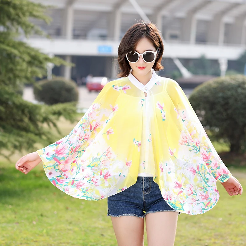 2022 Summer Sunscreen Clothes Women Cycling Cloak Shawl Coat Chiffon Cloak Shawl Thin Style Lady Poncho Capes Yellow 2022 summer poncho capes cycling sunshade shawl women silk scarf new chiffon printing sunscreen lady shawl cloak pink