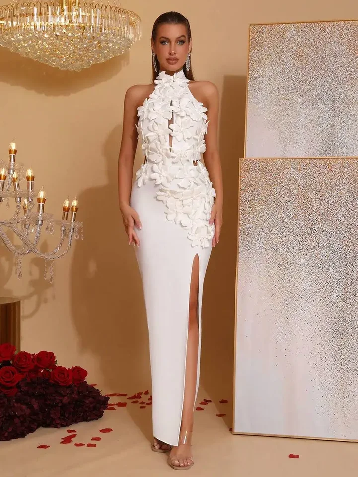 Elegant White 3D Floral Halter Neck Bandage Dress