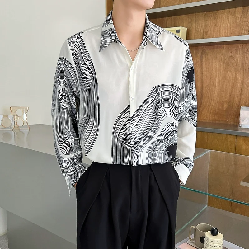 

Summer Thin Ice Silk Shirts Men Loose Drape No Iron Floral Shirt Ruffled Handsome High-end Feeling Tops&Tees Camisas De Hombre