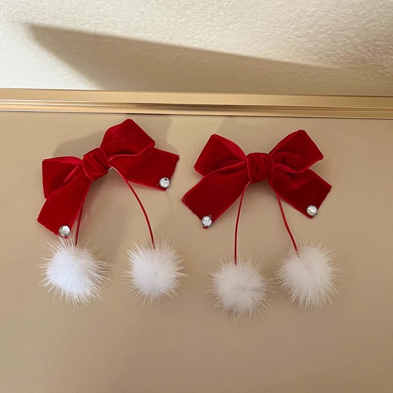 Red Velvet Bow Hairpins for Princess Girl Cute Pompom Heart Kids Autumn Winter Hair Clips Korean Sweet Clips New Year Headwear