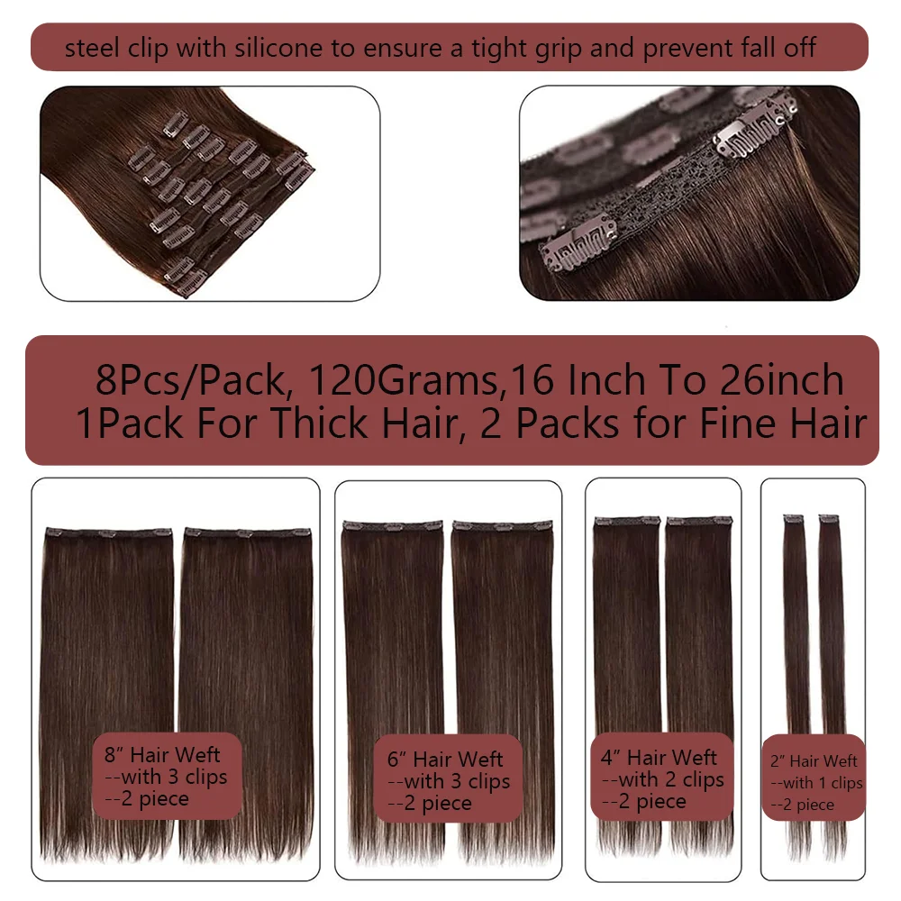 Clip In Hair Extension Straight Brown Color #2 Brazilian Clip In Hair Extension Human 16-26 Inches Full Head Seamless 120G