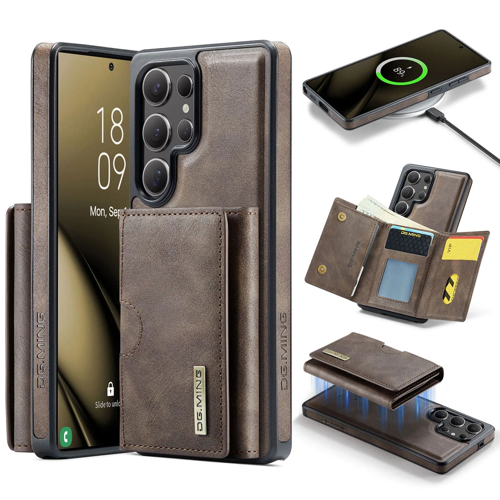 Magnetic Leather Wallet Phone Case with Detachable Flip Card Holder