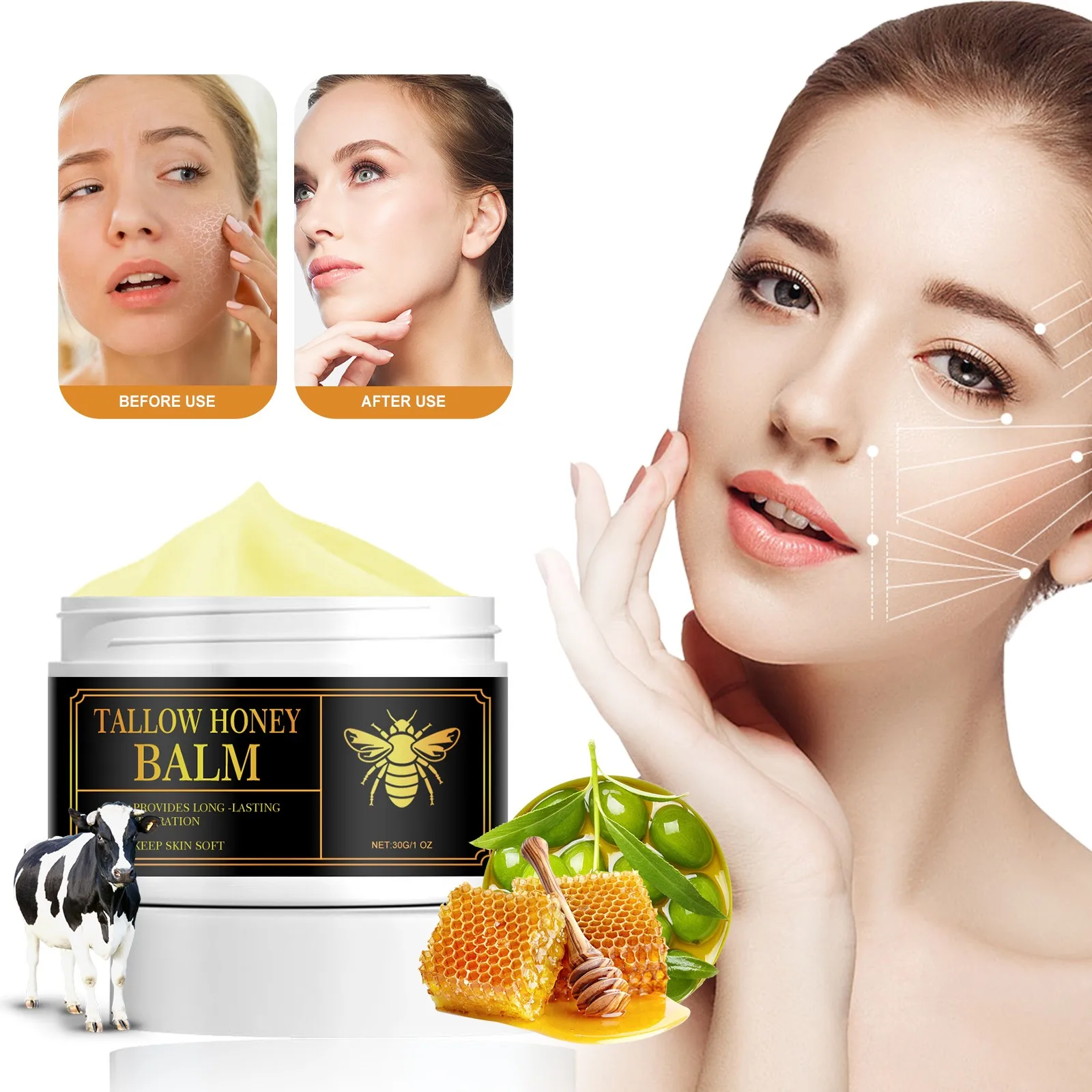 Organic Grass-Fed Beef Tallow Balm With Honey Moisturizing Paste For Soft Smooth Skin Handmade All-Natural Moisturizer cream