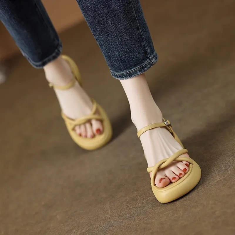 

2023 New Simple Microfiber Genuine Leather Sandals Woman Thick High Heels Platform Sandals Buckle Ladies Slingbacks Dress Shoes