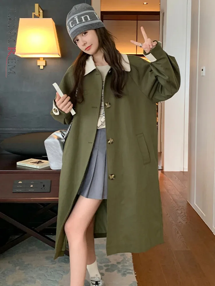 

LANMREM Vintage Color Block Windbreaker Women Lapel Single Breasted Mid Length Trench Fashion 2023 Autumn New Clothing 2AA2496