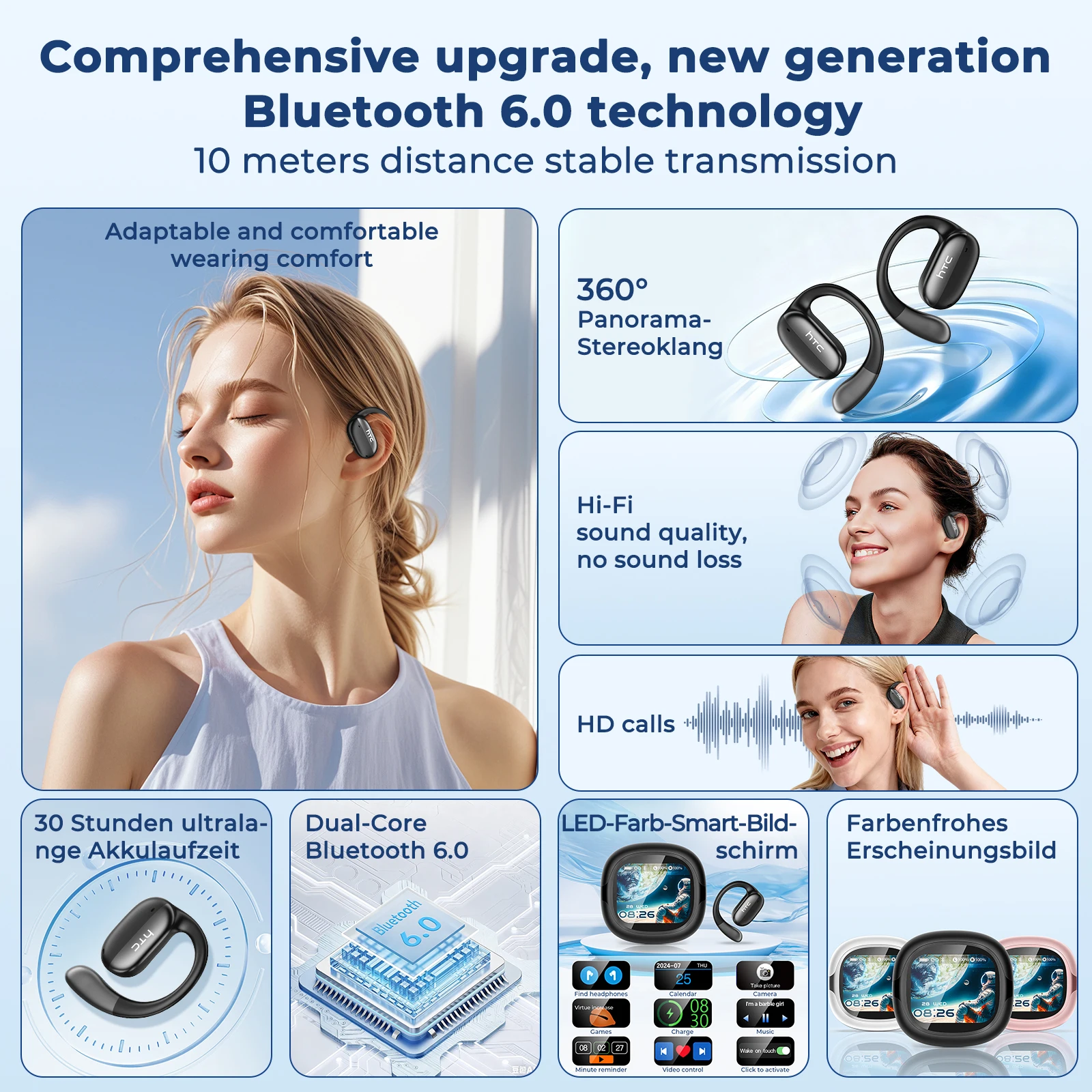Wireless Bluetooth Earbuds with LED Touch Screen and AI Translation - HiFi Sound, HD Calls, Bone Conduction Technology