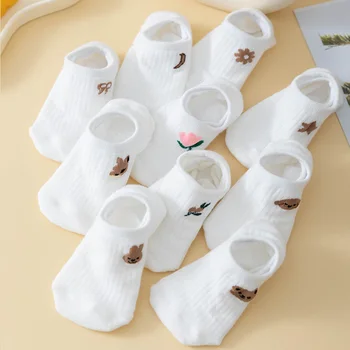 여성용 만화 흰색 양말, 얇은 통기성 및 다용도, 얕은 입, 보이지 않는 슬리퍼 양말, 10 개 = 5 쌍, 여름