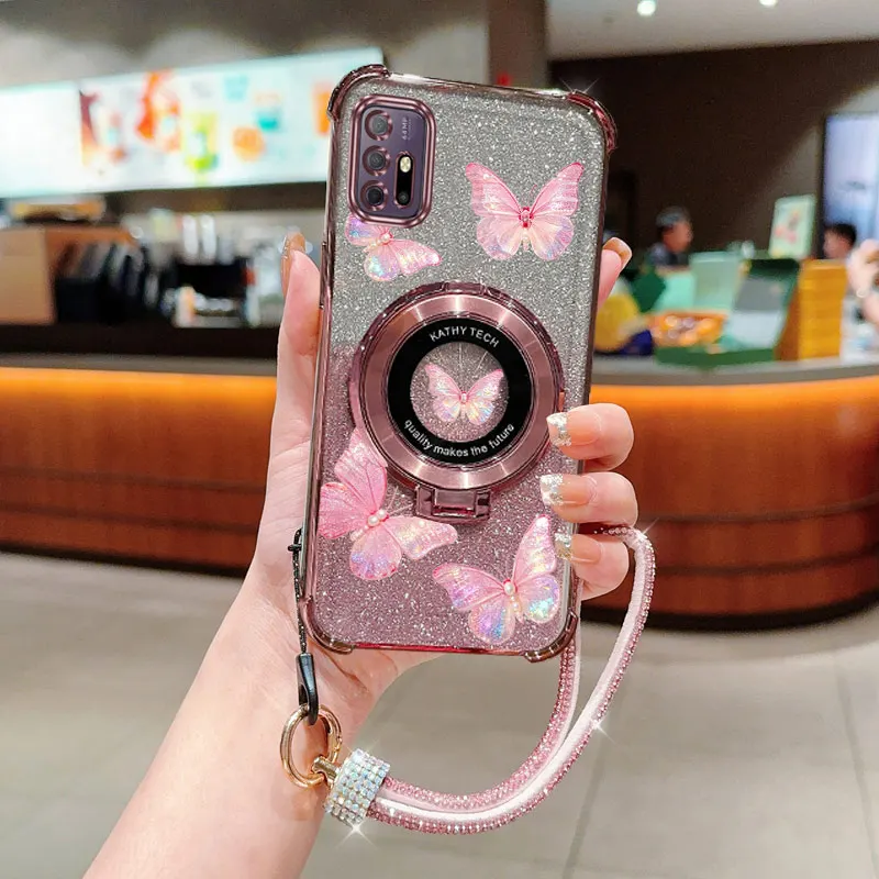 Glitter Pink Butterfly Phone Holder Case with Diamonds Strap Lanyard