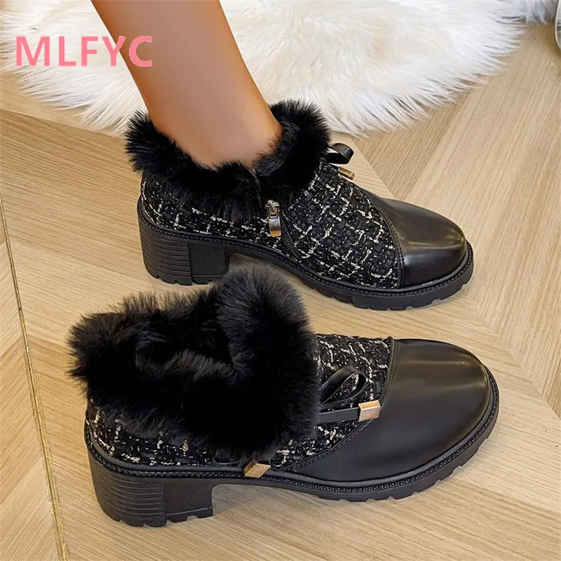 2023 New Single Shoe Thick Heel Female Shoes High Heel Shoes Simple Fashion Women's Shoes Warm and Cotton Shoes
