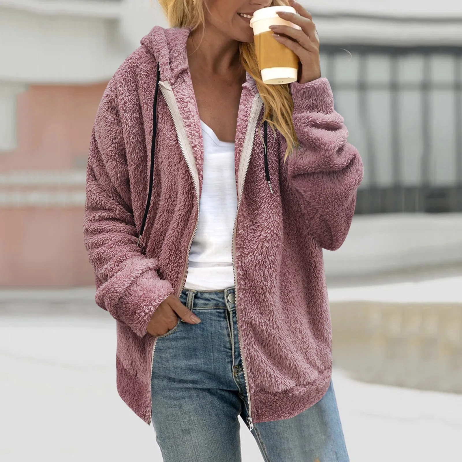 

Женское пальто, плюшевая однотонная толстовка, Повседневная свободная толстовка на молнии, теплое флисовое пальто, женская одежда на осень и зиму, Одежда большого размера