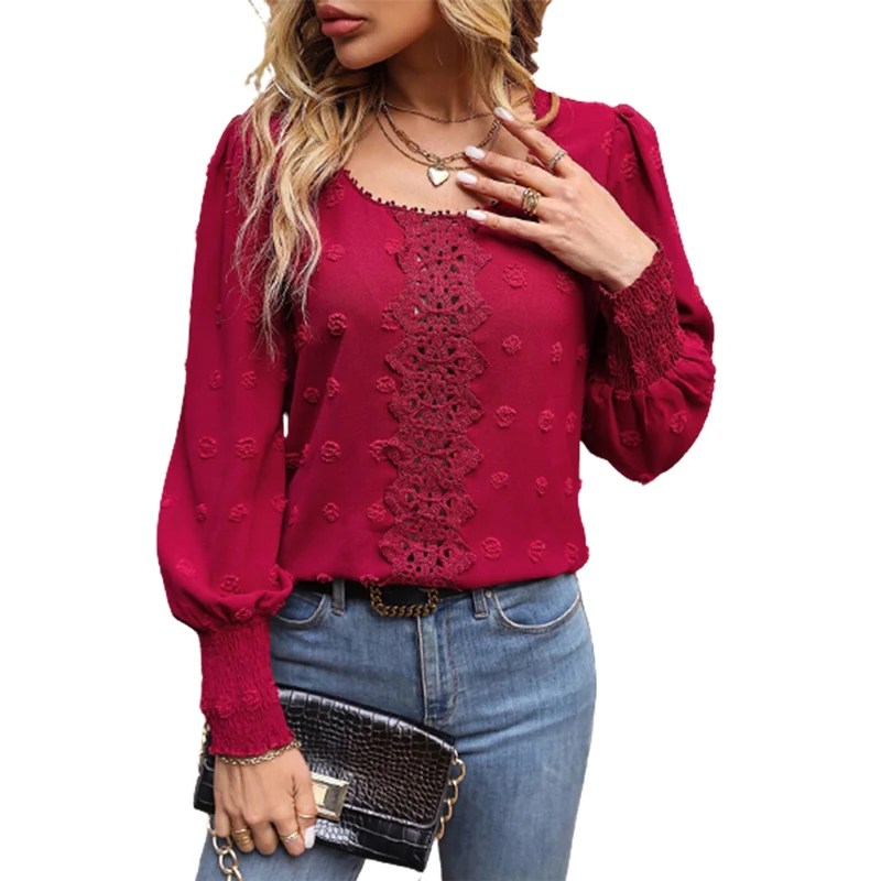 

Women's Middle Hollow Out o Neck Pullover Shirt Autumn Bubble Long Sleeve Loose Blouse Female Elegant Commuter Solid Color Tops
