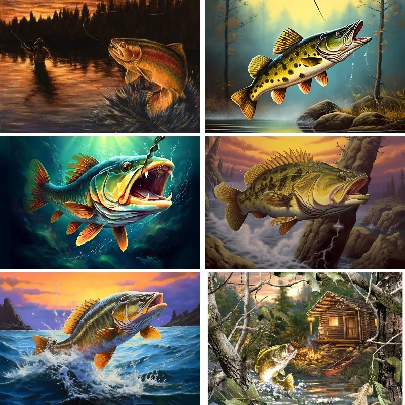 5D Diamond Embroidery Jumping Trout Fish Fishing Art Diamond Painting Cross Stitch Full Mosaic Needlework Rhinestone