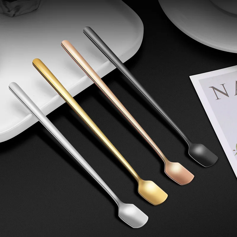 Long handle square head stirring spoon Household kitchen stainless steel coffee spoon dessert Kitchen Accessories stainless steel spoon stainless steel spoon set stainless steel fork spoon set glass dessert spoon