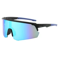 Men's Trendy Oversized Mirrored Sports Sunglasses - Outdoor Anti - UV Riding Shades (Black Blue)