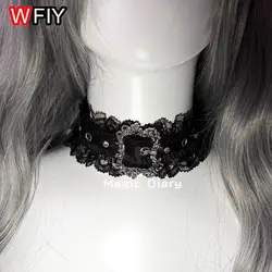 Y2K Dark Spicy Gothic Lace Silver Buckle Lolita Necklace (Black)