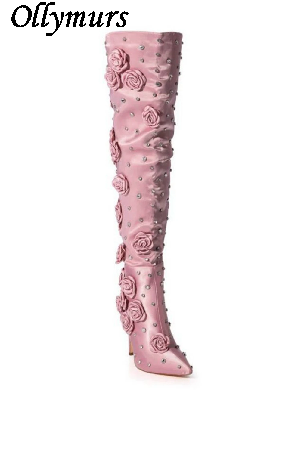 

Женские сапоги выше колена, розовые сапоги на тонком каблуке, с шелковыми заклепками