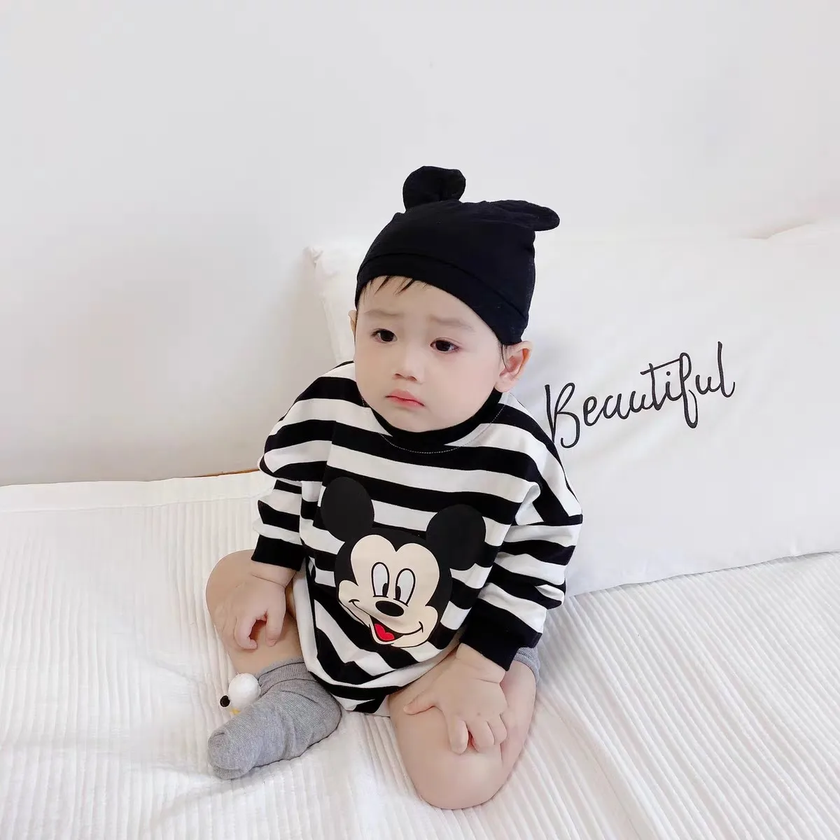 Cotton New Born Baby Climb Clothes Long Sleeve Jumpsuit Infant Costume Baby Girl Boy Striped Mickey Toddler Pajamas Onesie 2