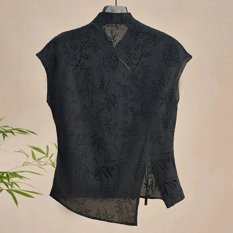 French new Chinese style cheongsam top satin jacquard shoulder short-sleeved T-shirt women new summer retro 2