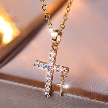 Charm Female Crystal Cross Pendant Necklace Vintage Gold Color Wedding Jewelry Gift For Women