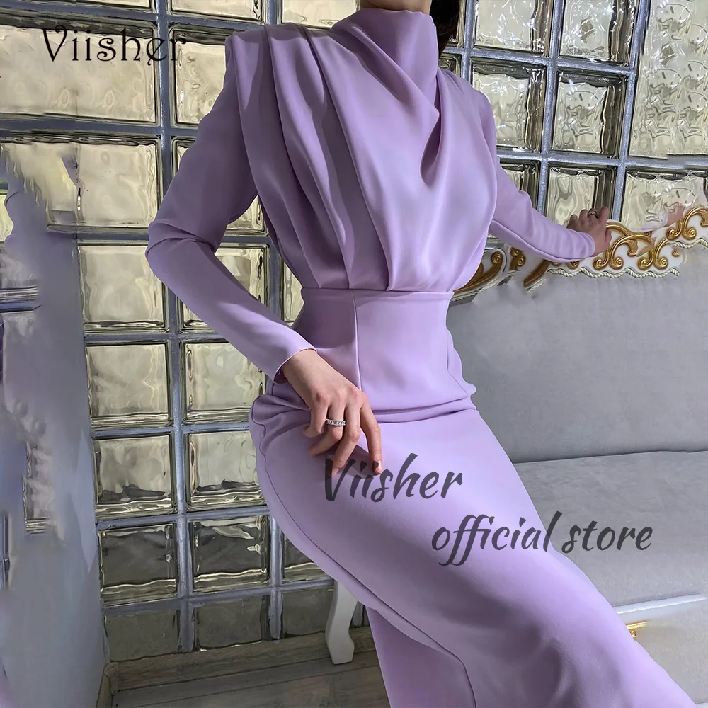 

Viisher Lavender Mermaid Evening Dresses Long Sleeve High Neck Pleats Satin Prom Dress Dubai Arabic Formal Party Gowns