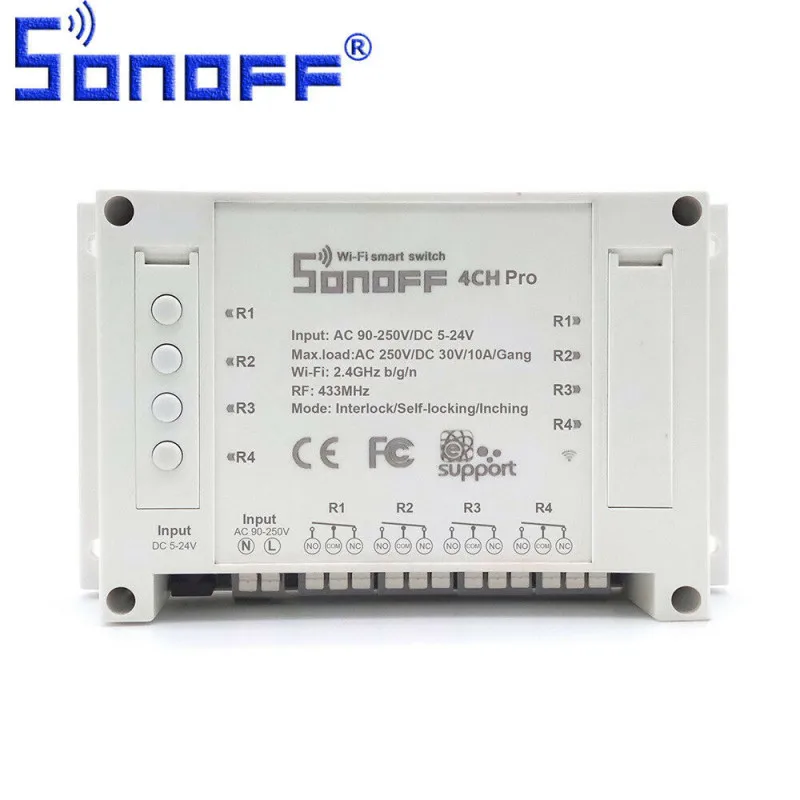Sonoff 4Ch Pro R3 Wifi Senza Fili Smart Switch 433Mhz 4 Way Din Rail Montaggio Su Guida Din Timer Controllo Vocale  Sonoff
