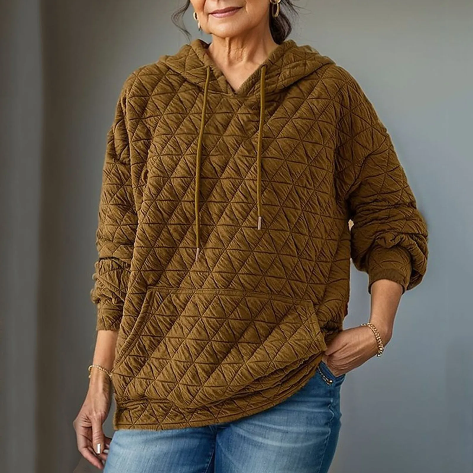 

Women Big Pockets Hoodie Pullovers Fashion Round Neck Solid Color Winter Warm Coats Oversized Jacquard Harajuku Sweatshirt Thick