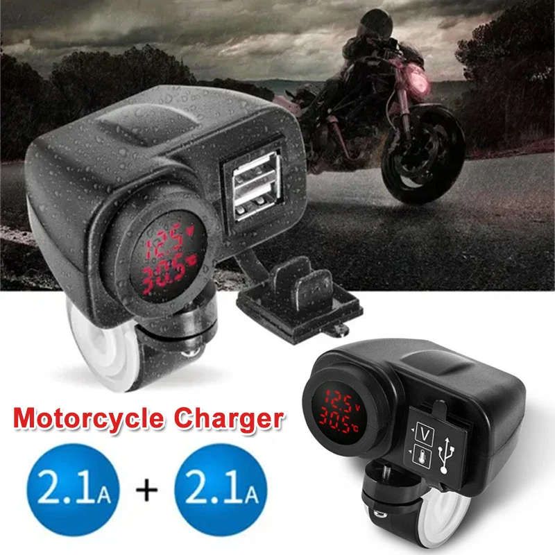 

12V Dual USB Motorcycle Charger with 2.1A Digital Display Voltmeter and Thermometer