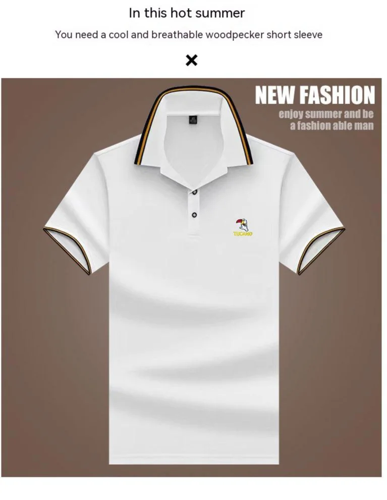 Woodpecker Sommer-Halbarm-Herren-Business-Freizeit-Stickerei, farbig, lockeres und bequemes Halbarm-POLO-T-Shirt_voghion.com