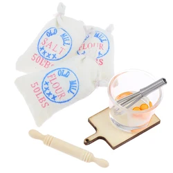4pcs 1/12 Dollhouse Miniature Flour Salt Bag Whisk Rolling Pin for Barbies OB11 Doll House Kitchen Accessories Toys