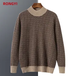 RONGYI 100% Pure Cashmere Sweater Men's Mock Turtleneck Jacquard Autumn And Winter New Fashion Retro Color Blocking Pullover Top