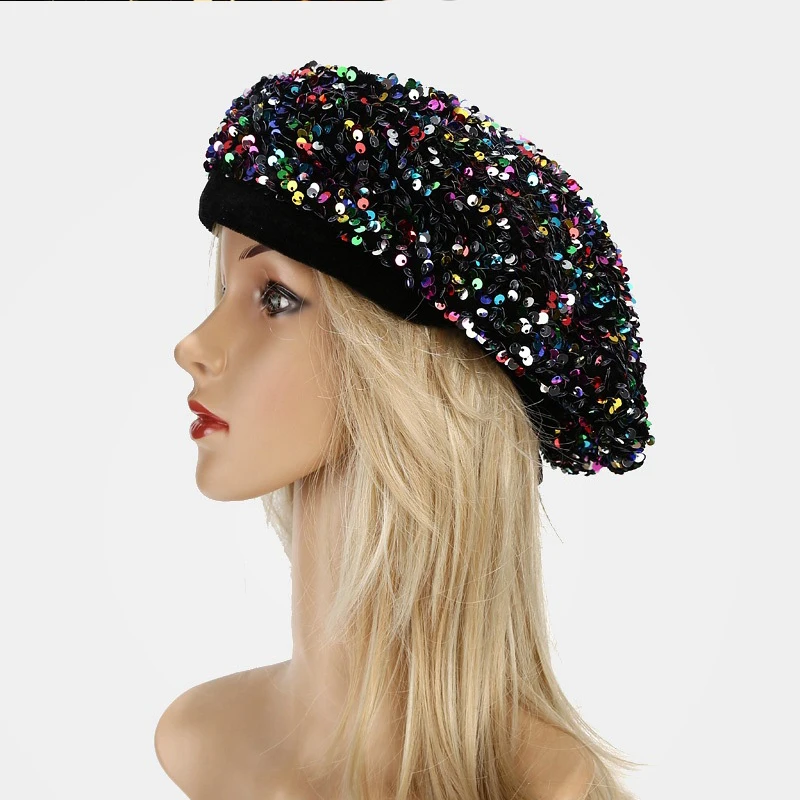French‎ Beret Brown Sequin Crystals Hat Fashion Women Casual Formal Accessory Sparkling Nightclub Hat Women main image 4