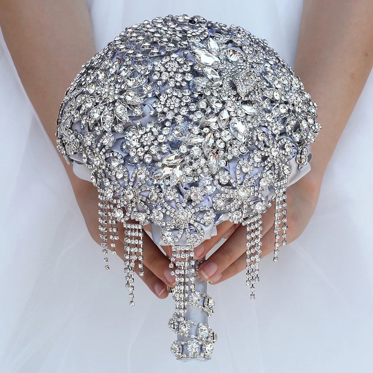 Droplet like Bouquet Cascading Teardrop Bouquet Silver Gray Wedding Accessories Luxury Sparkle Crystal Rhinestone