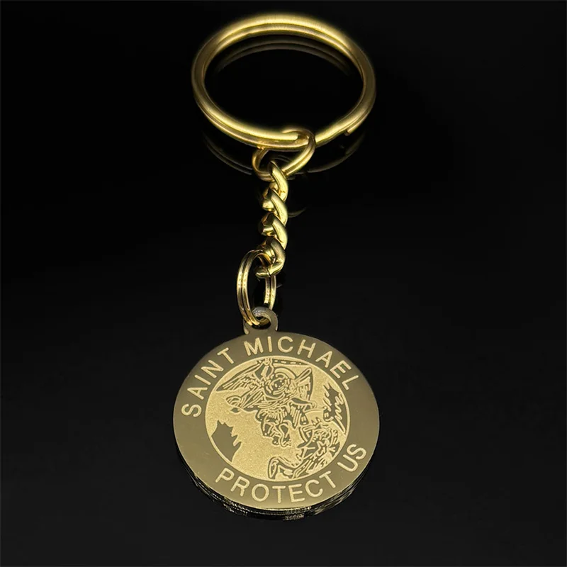 Saint Michael schützen uns Erzengel Edelstahl runde Medaille Schlüssel anhänger für Frauen Männer Gold Farbe religiösen Amulett Schmuck – Detail 3