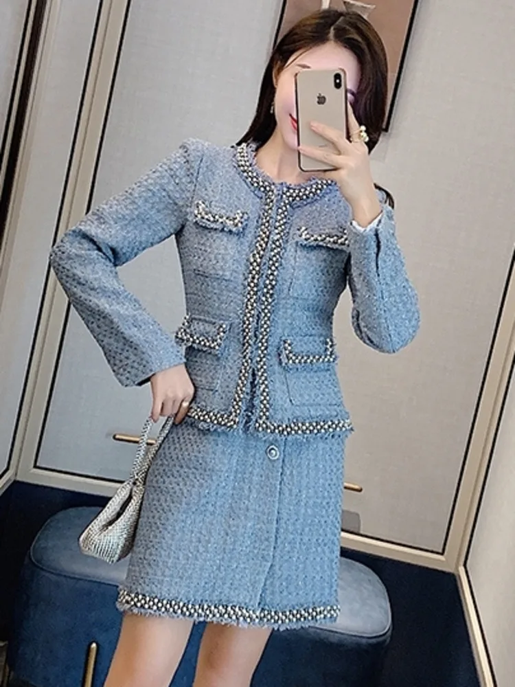 High Quality Small Fragrance Tweed Two Piece Sets Women Outfits Luxury  Beading Jacket Coat + Mini Skirt Sets Vintage 2 Piece Set