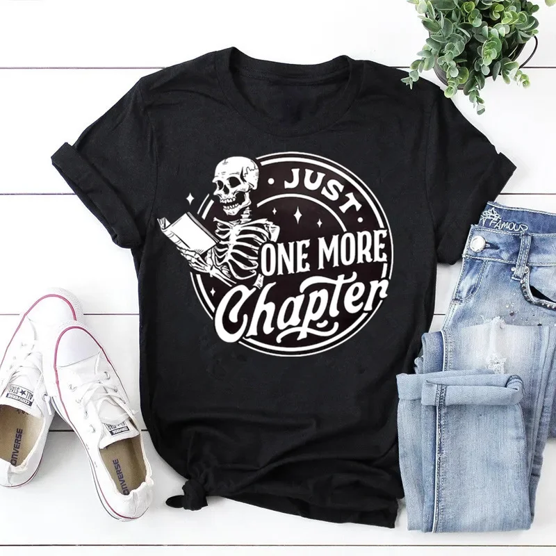 

skeleton Just one more chapter Skeleton reading Book Short Sleeve Top Tees 100%Cotton Streetwear Harajuku goth y2k Drop shipping