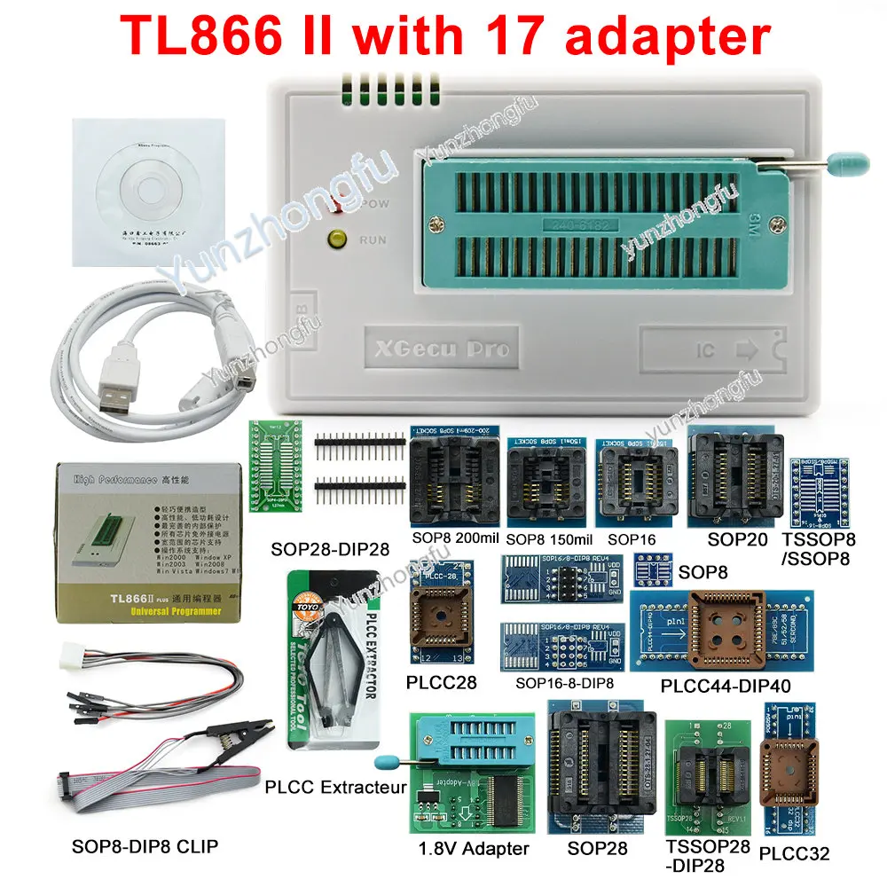 TL866II Plus – programmateur Minipro universel avec 28 adaptateurs + SPI + Clip de test PIC Bios, programmateur haute vitesse