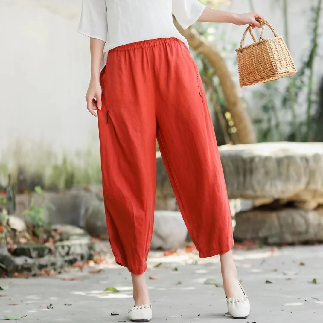 Women Linen Pants Ladies Elastic Waist Flax Pants Female Solid Color Embroidered Linen Trousers Summer Calf Length Pants FT91 denim capris