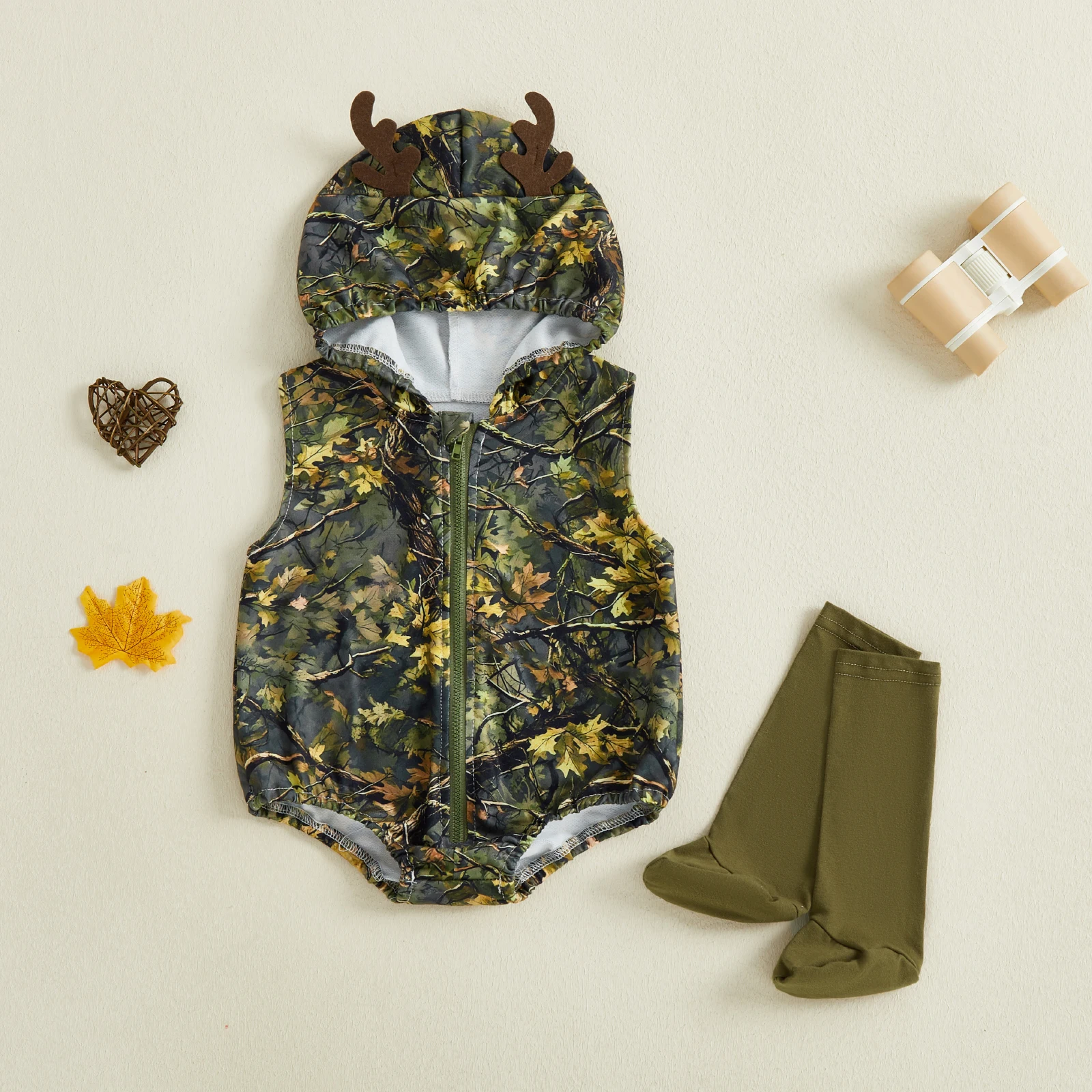 Infant Boy Romper Outfit Sleeveless Hooded Tropical Print Jumpsuit with Matching Socks for Everyday Wear