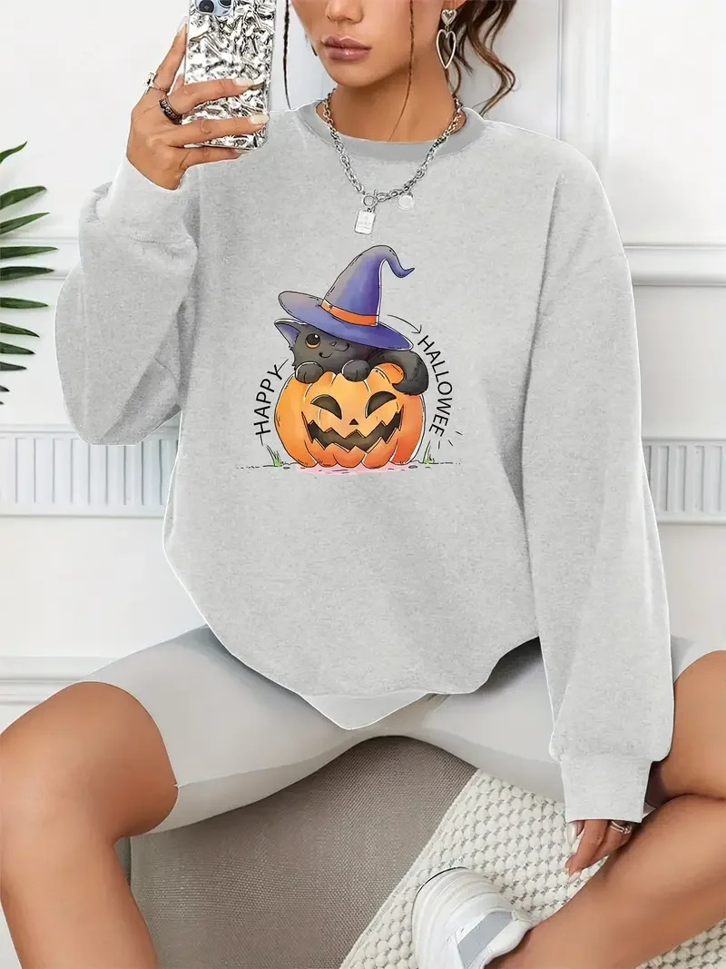 Cute Pumpkins Black Cat Print Casual Loose Fashion Long-Sleeved Pullover Solid Color Women's Swearshirts