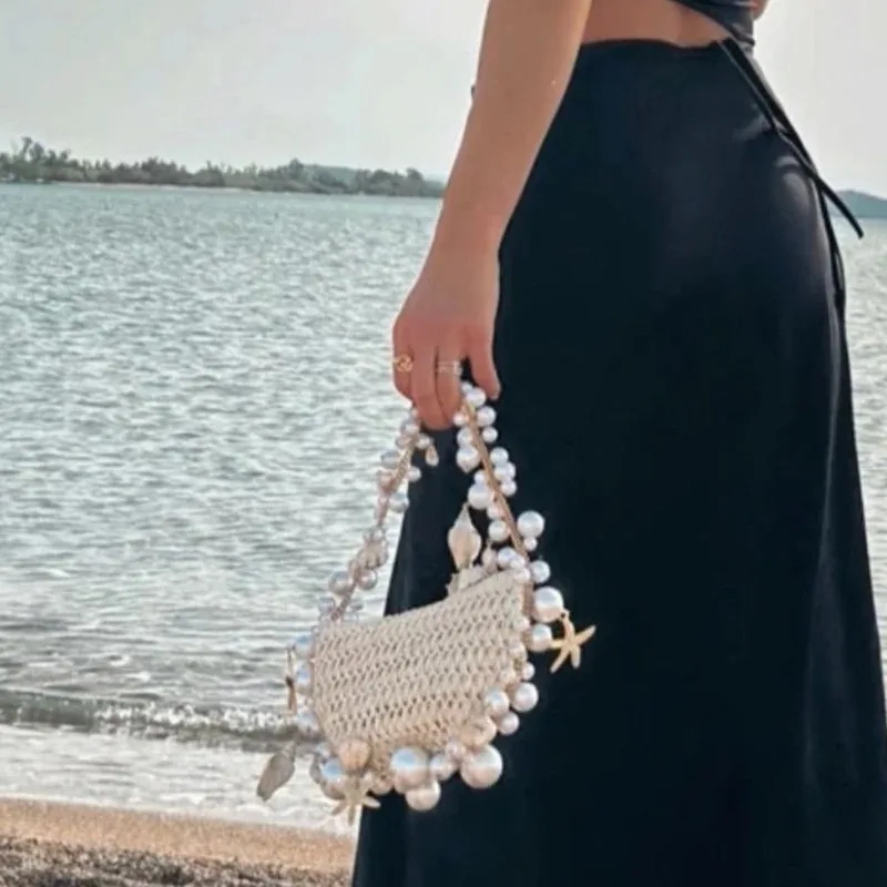 Cute Bohemian Pearls Straw Bag Hand-Woven Conch Starfish Handbags Half Moon Shoulder Bags Rattan Seaside Travel Underarm Pouch