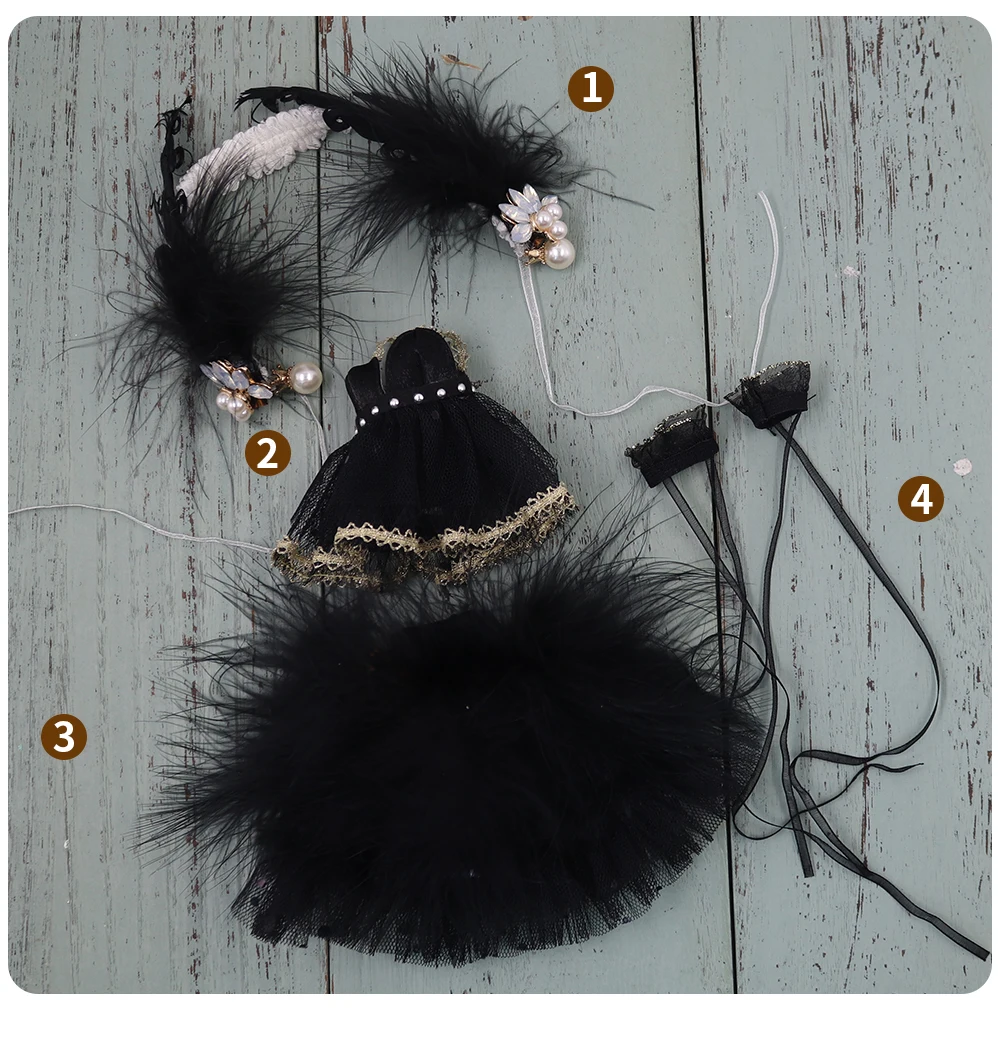 Neo Blythe Doll Elegant Black Net Dress with Feathers Headband 4