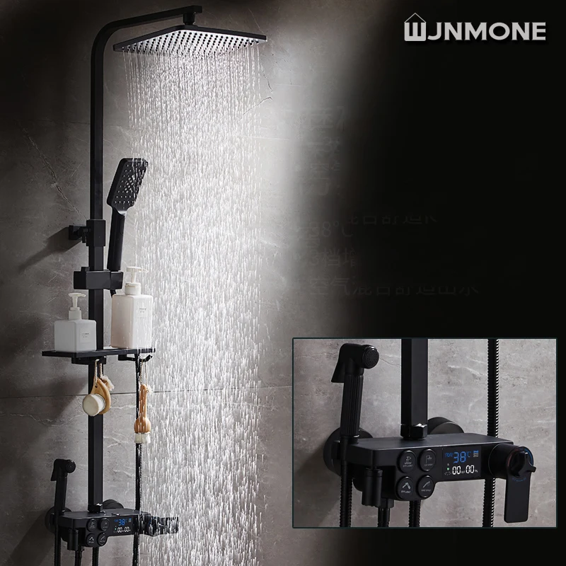 Bathroom Shower Set Black Gold Rain Shower Faucet Thermostatic Digital Display Mixer Taps Copper Systems for Bath