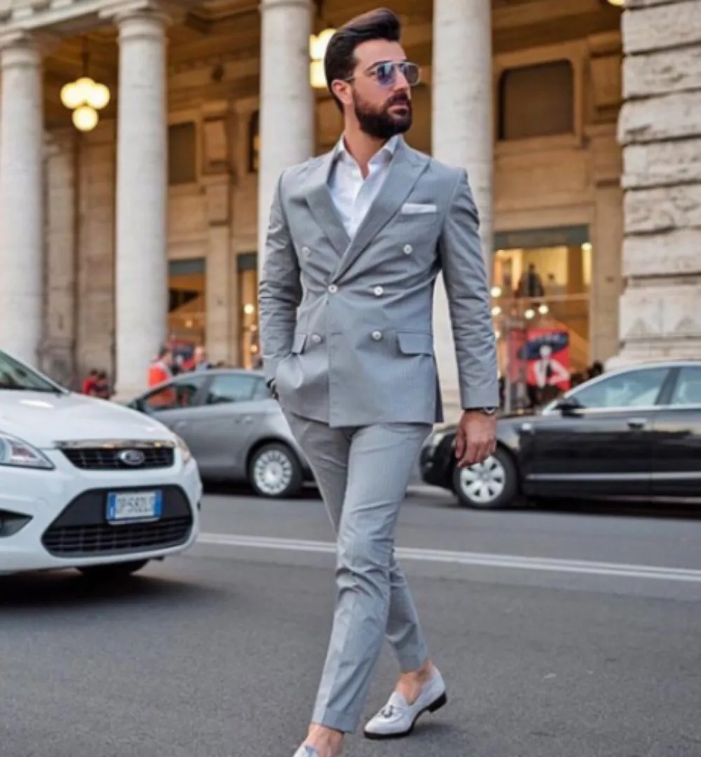 

ClassicFashion Double breasted Men's Light Grey Set for Groom Wedding Party Slim Fit Business Casual Customization (Jacket+Pants