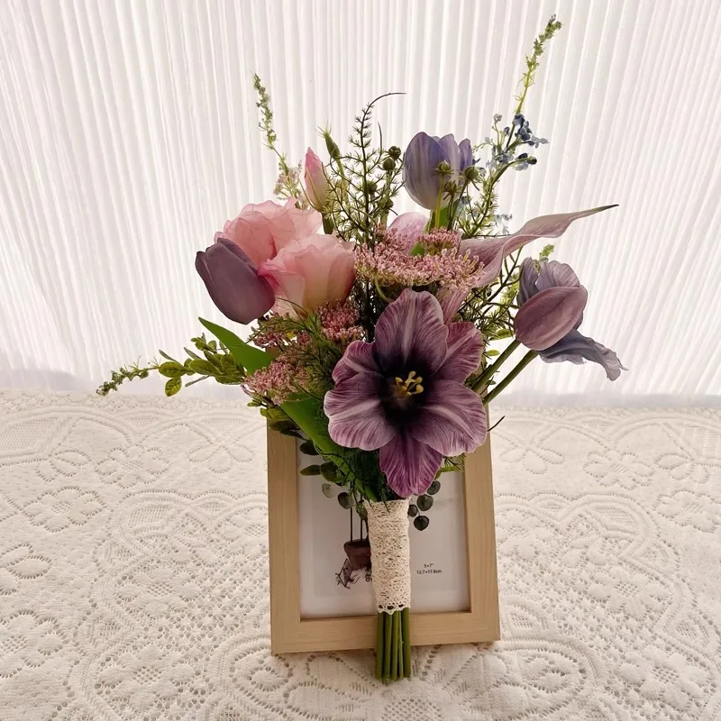 Whitney Ramo de novia boda elegante Purple INS rural style simulation flower wedding dress bride holding flower