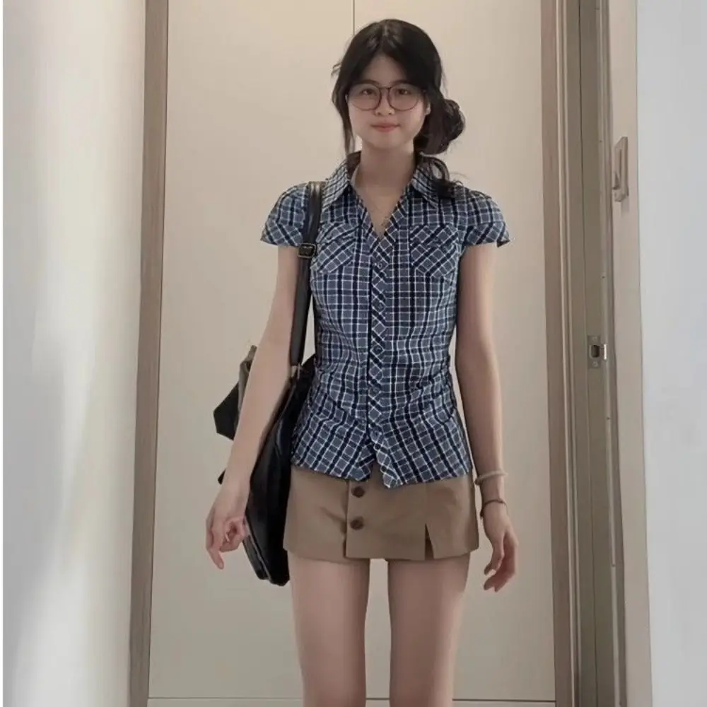 Simple Short Blue Grid Shirt Ruffle Streetwear Women Blue Grid Blouse Korean Style Pink Long Sleeve Tops Girls Gift