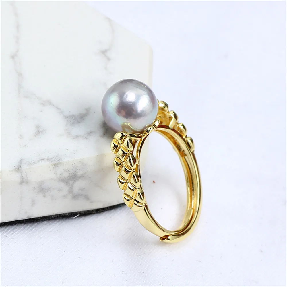 14K Gold Injection DIY Accessory Ring Retro Diamond Lattice Pearl  Empty Holder Opening Adjustable Women 14k gold wrapped string double hole closed loop diy pearl bracelet necklace accessory closure buckle connecting ring accessory