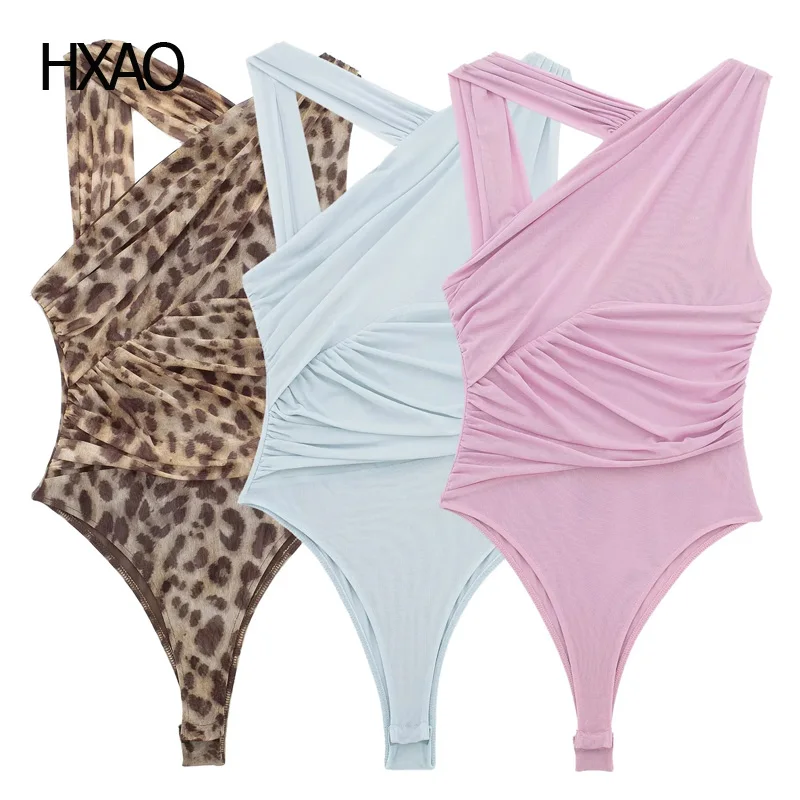 

HXAO Women's Irregular Pleated Halter Jumpsuit Summer 2024 Sexy Leopard Print Jumpsuits For young Women Fashion Beach Wears