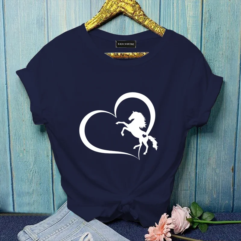 

Round Neck T Shirt Women's New Fashion Heart Shaped Horse Valentine Graphic Printed T-Shirt Casual Outdoor Fashion Women's Top