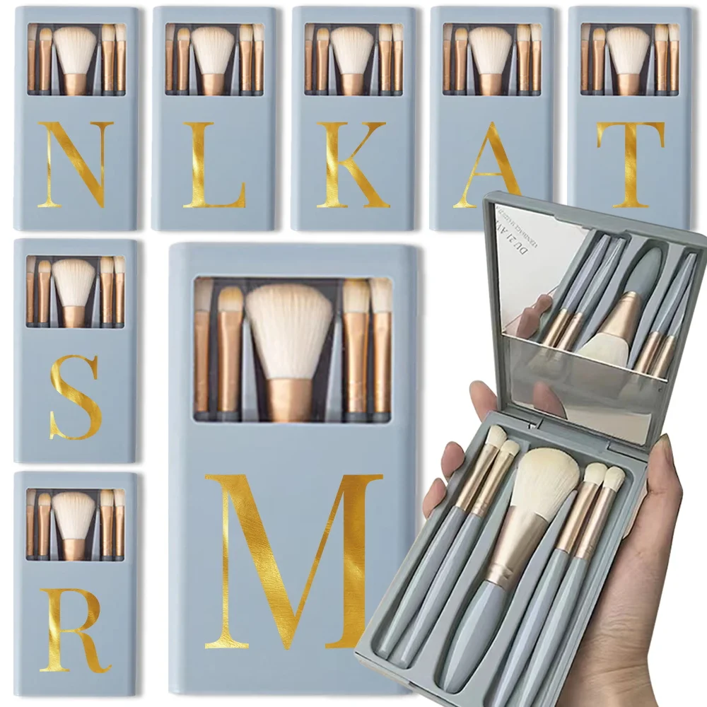 

5Pcs Portable Makeup Brushes With Mirror Set Pocket Organizer Holder Cosmetic Brush Kit Beauty Tools Box Outdoor Letter Pattern