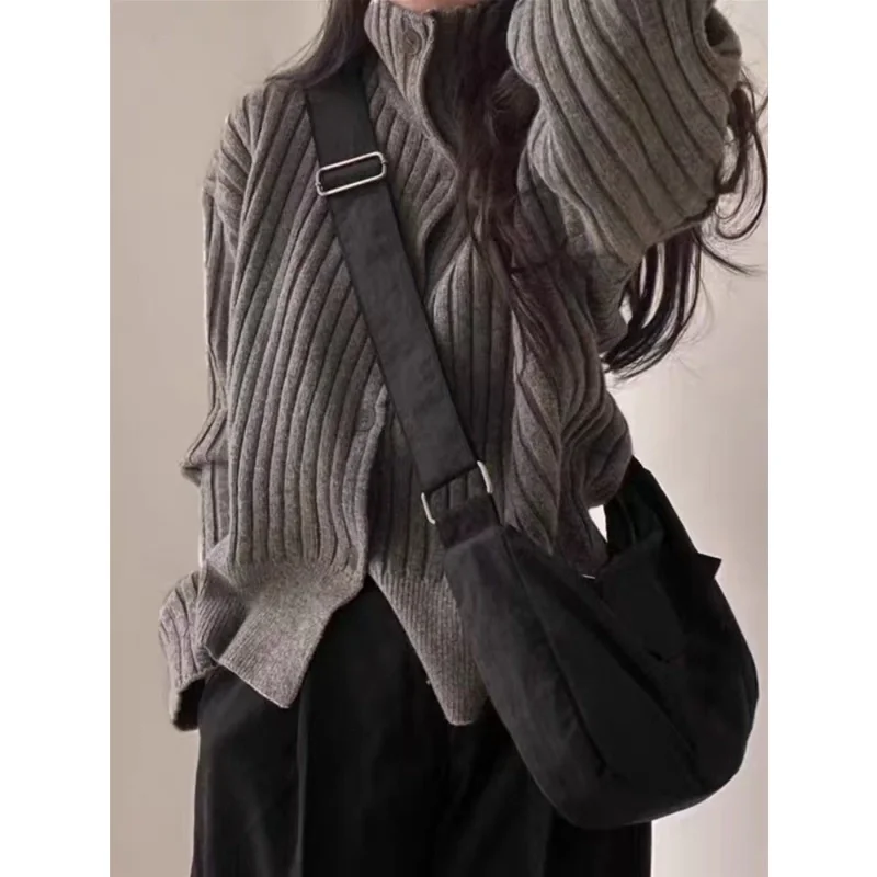 Autumn and winter turtleneck pit strip cashmere knit cardigan women thickened small pure wool sweater loose short coat tide